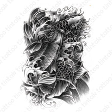 Load image into Gallery viewer, Black and Gray Koi Fish temporary tattoo sticker design.