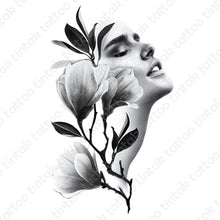 Load image into Gallery viewer, Temporary tattoo sticker design with black and gray flowers and a lady&#39;s face.