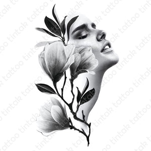Temporary tattoo sticker design with black and gray flowers and a lady's face.