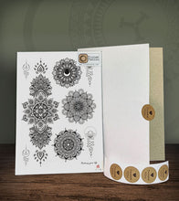 Load image into Gallery viewer, Mandala Temporary Tattoo Design 102 with its hard-board packaging.