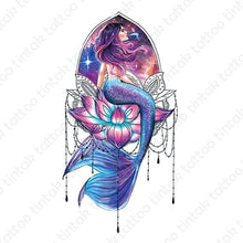 Load image into Gallery viewer, Colored temporary tattoo design with a mermaid sitting on a lotus flower.