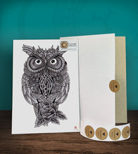 Load image into Gallery viewer, Tintak temporary tattoo sticker with owl design, with its hard board packaging.