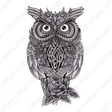 Load image into Gallery viewer, black and gray owl temporary tattoo design with rose flower below it.