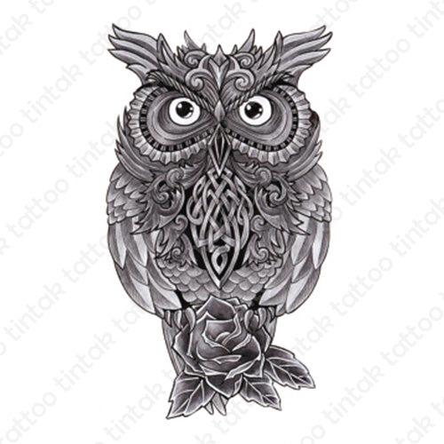 black and gray owl temporary tattoo design with rose flower below it.