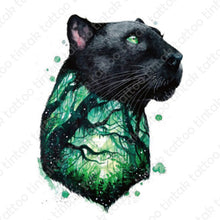 Load image into Gallery viewer, Black panther temporary tattoo design with green forest image on his neck.