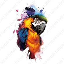 Load image into Gallery viewer, Water-colored parrot bird temporary tattoo sticker design.