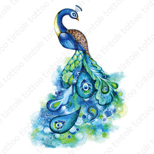 Water-colored peacock temporary tattoo design in blue and green colors.