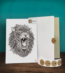 Tintak temporary tattoo with a polynesian lion design, with its hard board packaging.