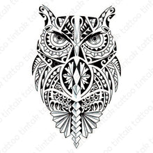 Load image into Gallery viewer, Tintak temporary tattoo sticker with polynesian tribal owl design.
