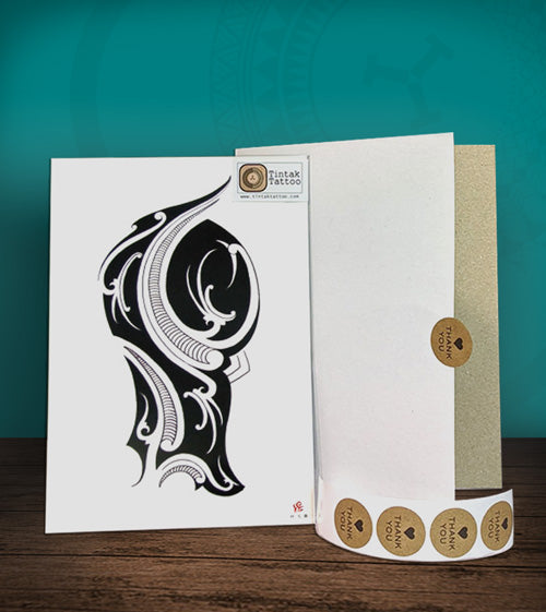 Tintak temporary tattoo sticker with polyneian/tribal design, with its hard board packaging.