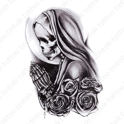 Tintak temporary tattoo design with black and gray praying skeleton nun and roses.