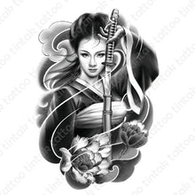 Load image into Gallery viewer, Black and gray lady samurai temporary tattoo design.