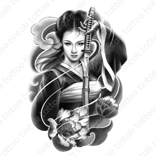 Black and gray lady samurai temporary tattoo design.