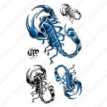 Load image into Gallery viewer, Set of scorpion temporary tattoo stickers in black and blue design.