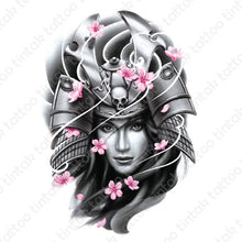 Load image into Gallery viewer, Black and gray shogun temporary tattoo design with pink flowers.