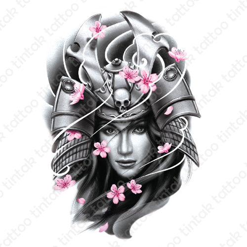 Black and gray shogun temporary tattoo design with pink flowers.