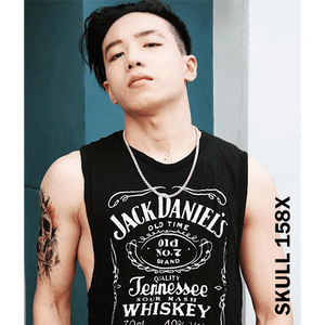 A man wearing Jack Daniels Shirt with a roses and skull temporary tattoo on his arm.