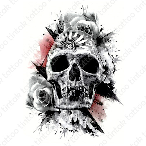 Black and gray skull temporary tattoo design with rose and some pink accent background.