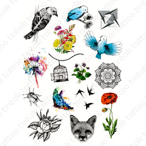 Set of various small temporary tattoo designs with flowers, and birds.