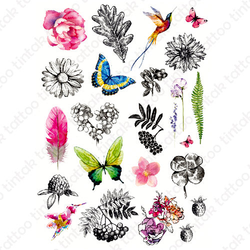 Set of various small temporary tattoo designs with butterflies, flowers, birds, and feathers.