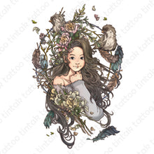 Load image into Gallery viewer, Temporary tattoo sticker design with animated girl inside the circled flowers with birds and feathers.