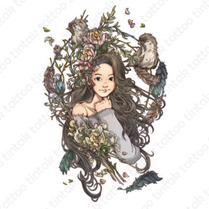 Temporary tattoo sticker design with animated girl inside the circled flowers with birds and feathers.