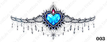 Load image into Gallery viewer, Sternum temporary tattoo sticker design 003 with blue heart stone in the middle.