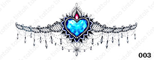 Sternum temporary tattoo sticker design 003 with blue heart stone in the middle.