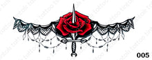 Load image into Gallery viewer, Sternum temporary tattoo sticker design 005 with red rose and a dagger in the middle.
