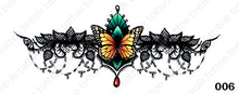 Load image into Gallery viewer, Sternum temporary tattoo sticker design 006 with yellow butterfly and green leaf on the middle.