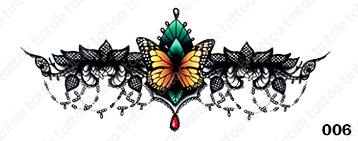 Sternum temporary tattoo sticker design 006 with yellow butterfly and green leaf on the middle.