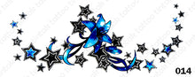 Load image into Gallery viewer, Sternum temporary tattoo sticker design 014 with black and blue stars and flowers.