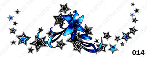 Sternum temporary tattoo sticker design 014 with black and blue stars and flowers.