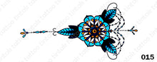 Load image into Gallery viewer, Vertical sternum temporary tattoo sticker design 015 with blue flower and leaves.