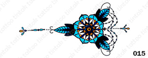 Vertical sternum temporary tattoo sticker design 015 with blue flower and leaves.