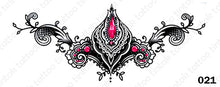 Load image into Gallery viewer, Sternum temporary tattoo sticker design 021 with pink stones.