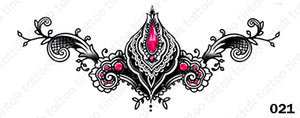 Sternum temporary tattoo sticker design 021 with pink stones.