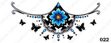 Load image into Gallery viewer, Sternum temporary tattoo sticker design 022 with blue flower and black butterflies.