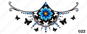 Sternum temporary tattoo sticker design 022 with blue flower and black butterflies.