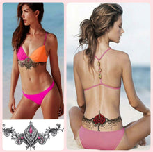 Load image into Gallery viewer, Collage photos of two women wearing a temporary tattoo, one on her sternum part, and the other is on the lower back.