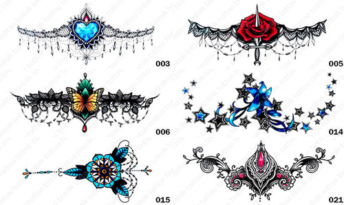 Six different styles or designs of tintak sternum temporary tattoos.