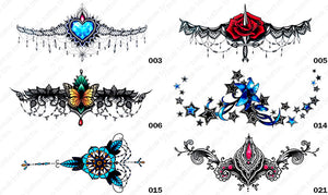 Six different styles or designs of tintak sternum temporary tattoos.