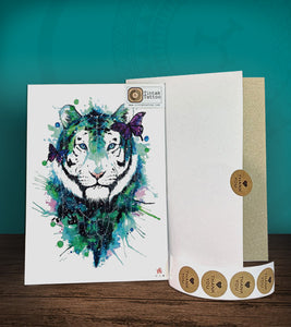 Tintak temporary tattoo sticker with watercolored tiger design, with its hard board packaging.