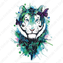 Load image into Gallery viewer, Water-colored tiger temporary tattoo design with with black and green color combination.