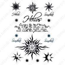 Load image into Gallery viewer, Tribal sun, compass, and written words temporary tattoo sticker design.