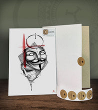 Load image into Gallery viewer, Vendetta Mask Temporary Tattoo Design 077 with its hard-board packaging.