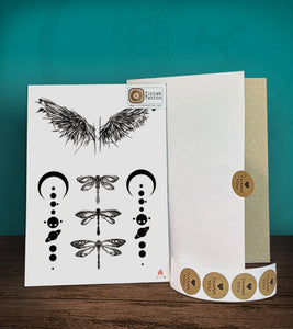 Tintak temporary tattoo sticker with wings and dragonfly designs, with its hard board packaging.