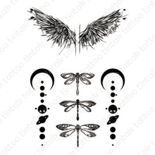 Load image into Gallery viewer, black and gray wings temporary tattoo design with dragonflies, and geometric designs.