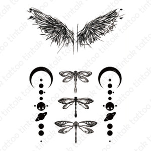 black and gray wings temporary tattoo design with dragonflies, and geometric designs.
