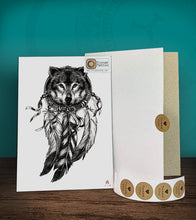 Load image into Gallery viewer, Tintak temporary tattoo sticker with wolf dream catcher design, with its hard board packaging.